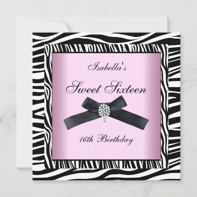 Invitation Sweet sixteen 16 Party rose noir blanc Zèbre 5 (Devant)