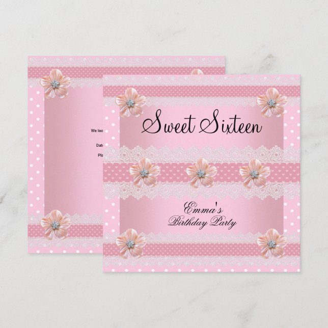 Invitation Sweet sixteen 16 Party rose rose blanc tache (Devant / Derrière)