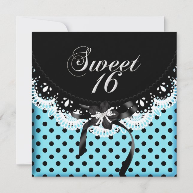 Invitation Sweet sixteen 16 Polka point noir et blanc bleu (Devant)
