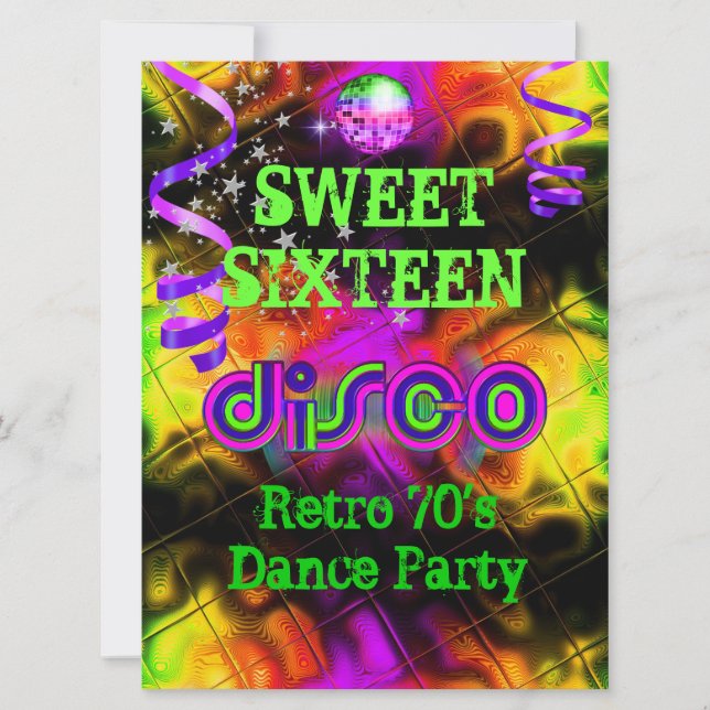 Invitation Sweet sixteen 16 Retro 70's Dance Party (Devant)