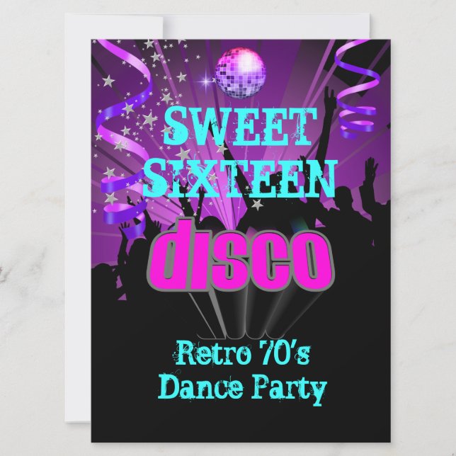 Invitation Sweet sixteen 16 Retro 70's Disco Dance Party 3 (Devant)