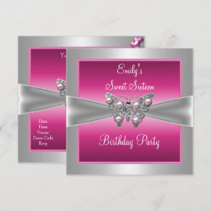 Invitation Sweet Sixteen 16 Rose Argent Papillon Anniversaire