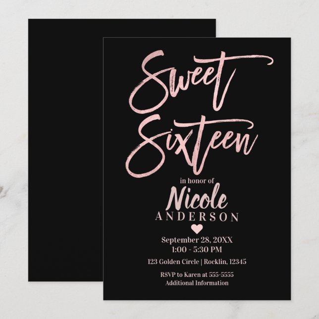 Invitation SWEET SIXTEEN 16 Rose Gold Foil & Black Modern (Devant / Derrière)
