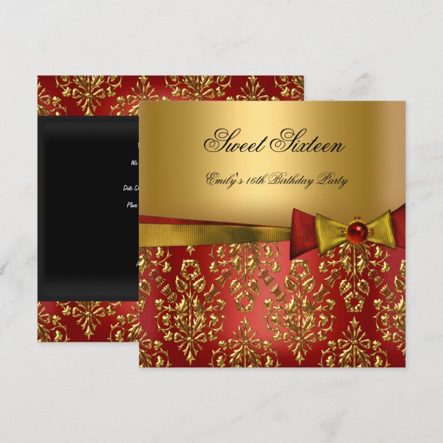 Invitation Sweet sixteen 16 Rouge Noir Or Damas Bow (Devant / Derrière)