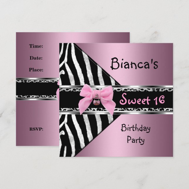 Invitation Sweet sixteen 16 Silver rose Zèbre noir Léopard (Devant / Derrière)