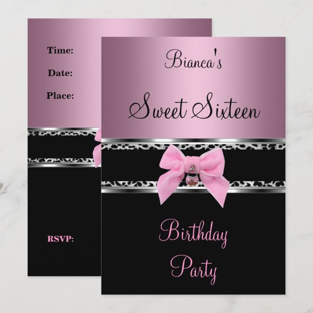 Invitation Sweet sixteen 16 Silver rose Zèbre noir Léopard 3 (Devant / Derrière)