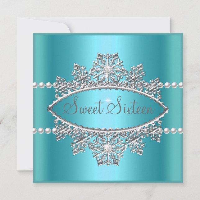 Invitation Sweet sixteen 16 Turquoise Blue Tiara Pearl Argent (Devant)