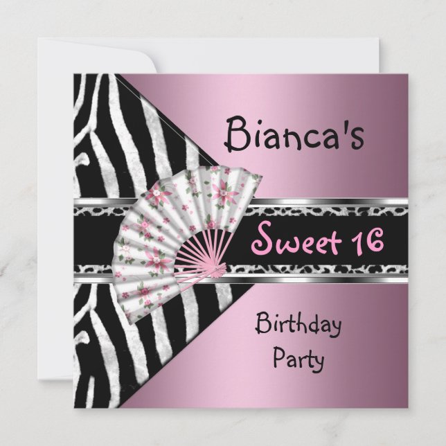 Invitation Sweet sixteen 16 Ventilateur rose noir Zèbre Leopa (Devant)