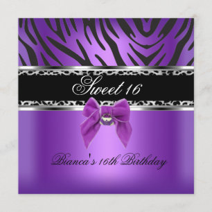 Invitation Sweet Sixteen 16 Violet Argent Noir Zèbre Léopard