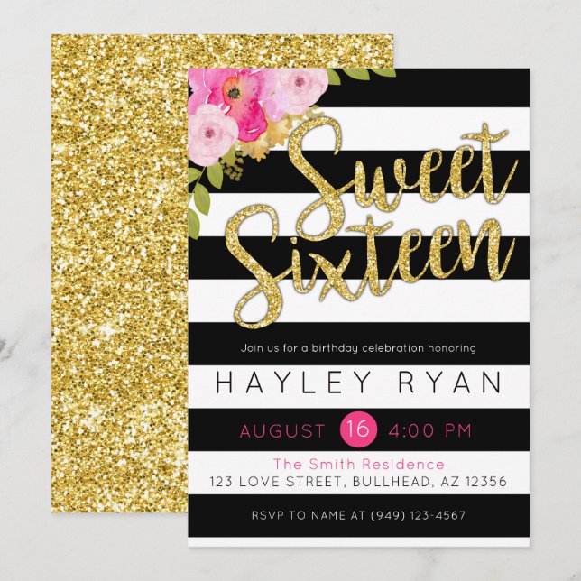 Invitation Sweet sixteen 16e anniversaire Black White Stripe (Devant / Derrière)