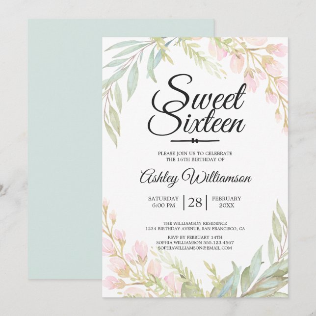 Invitation Sweet sixteen 16e anniversaire bleu rose floral (Devant / Derrière)