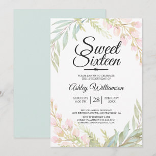 Invitation Sweet sixteen 16e anniversaire bleu rose floral