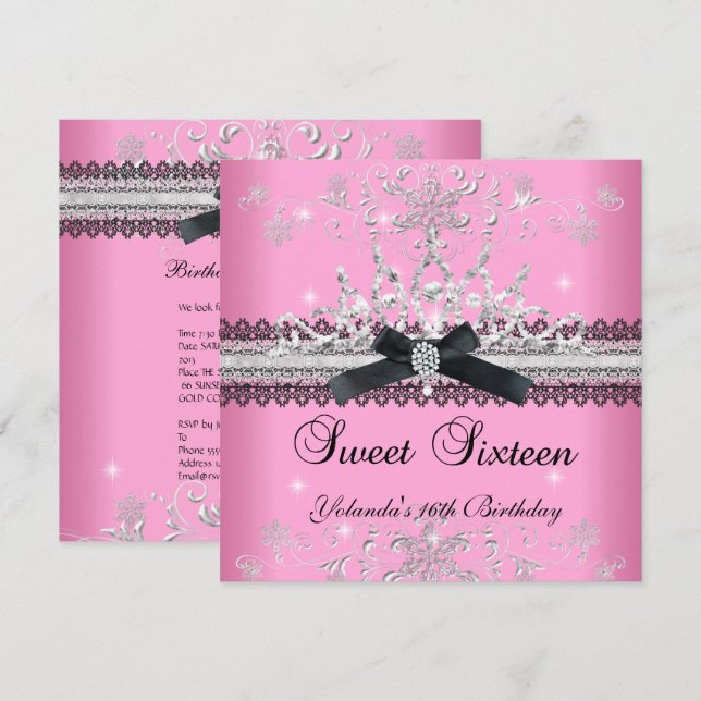 Invitation Sweet sixteen 16e Parties scintillant rose Tiara B (Devant / Derrière)