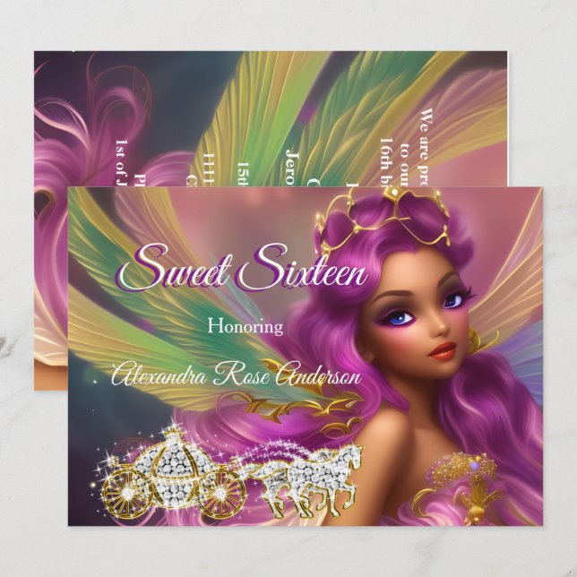 Invitation Sweet sixteen 16ème Fairytale Purple Rose Carriage (Devant / Derrière)