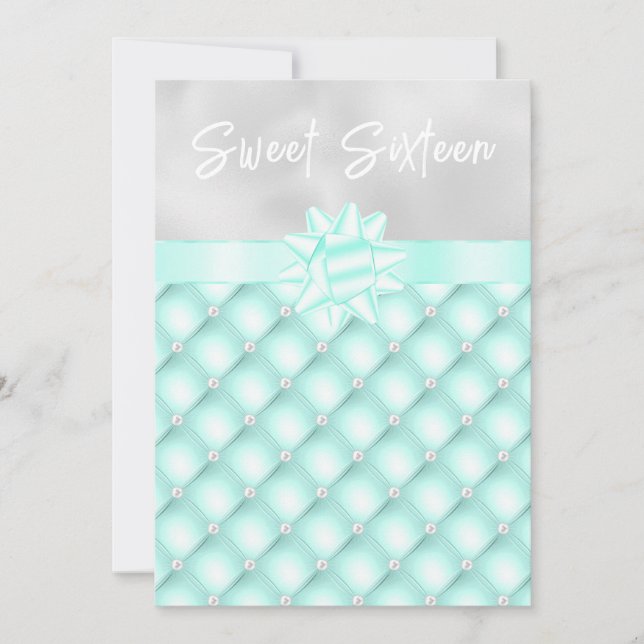 Invitation Sweet sixteen à la menthe et aux perles touffetées (Devant)
