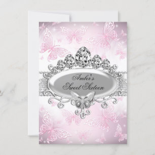 Invitation Sweet sixteen à papillon rose en argent