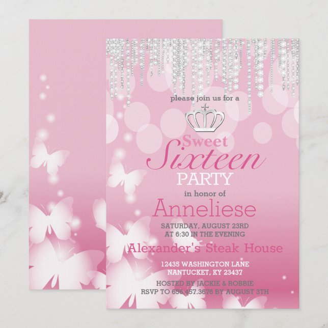 Invitation Sweet sixteen Anniversaire - Rose et Diamants (Devant / Derrière)