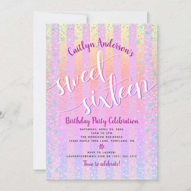 Invitation Sweet sixteen Anniversaire rose violet Ombre rayur (Devant)