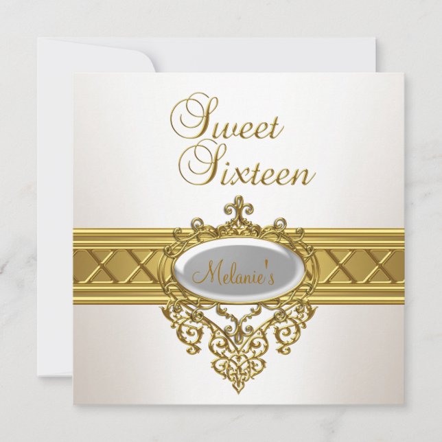 Invitation Sweet sixteen Anniversaire Soirée Elegant Blanc Or (Devant)
