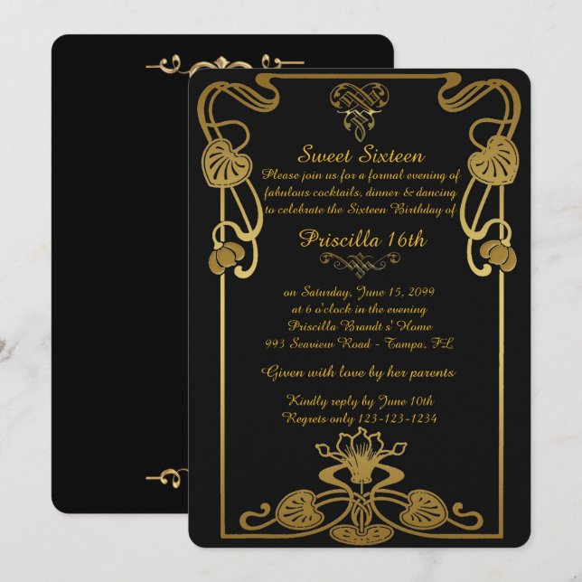 Invitation Sweet sixteen Anniversaire, Style Gatsby, Black-Go (Devant / Derrière)