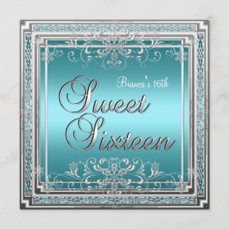 Invitation Sweet sixteen Anniversaire Turquoise Bleu Argent A