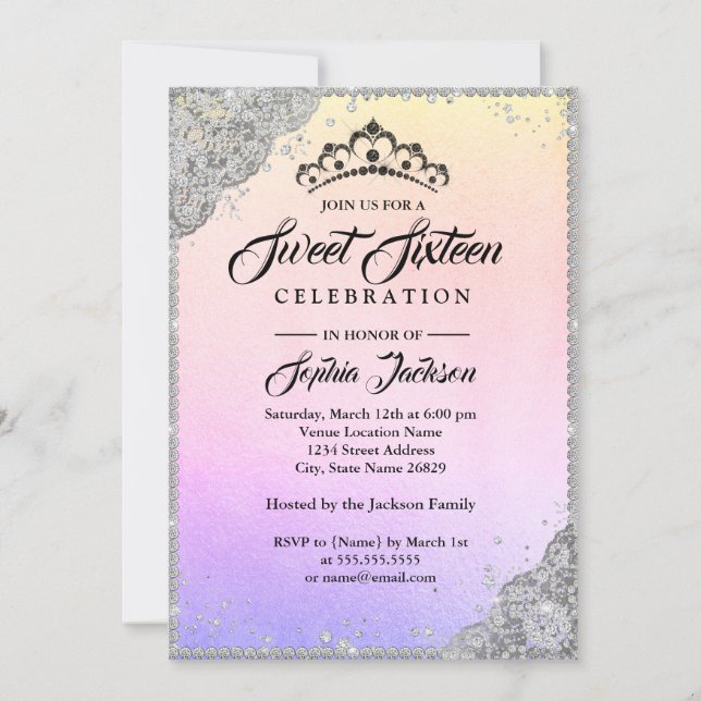 Invitation Sweet sixteen arc-en-ciel en losange (Devant)