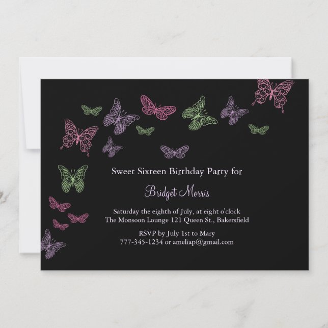 Invitation Sweet sixteen Baisers à papillon (Devant)