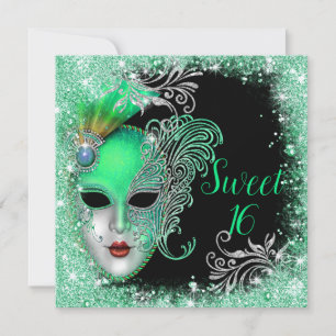 Invitation Sweet Sixteen, Bal Masqué Turquoise Paillettes