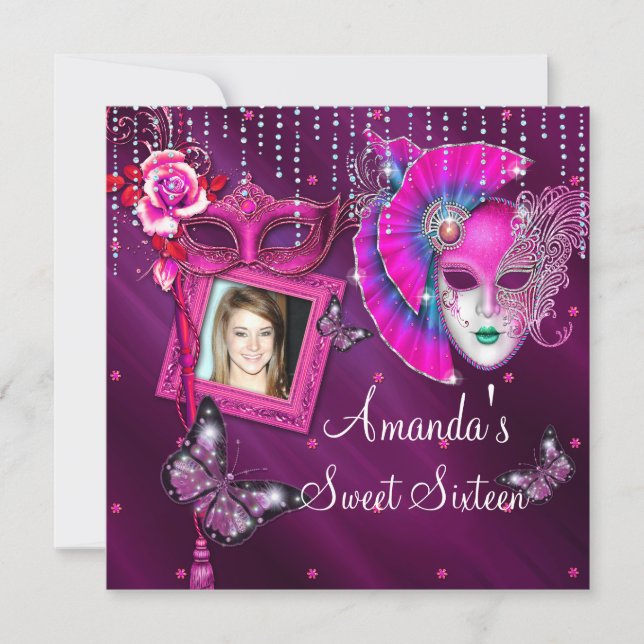 Invitation Sweet sixteen, Balle Masquerade, Mard Gras (Devant)