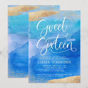 Invitation Sweet sixteen Bleu Aquarelle Or Anniversaire