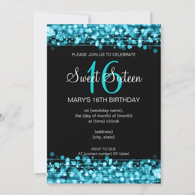 Invitation Sweet sixteen  : Bleu Turquoise (Devant)