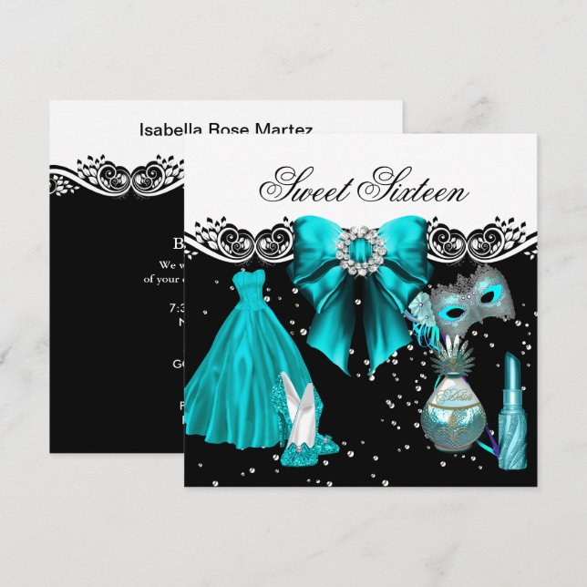 Invitation Sweet sixteen bleu Turquoise masqué Sweet 16 Party (Devant / Derrière)