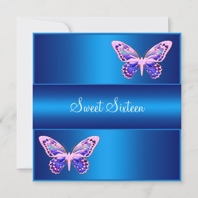 Invitation Sweet sixteen Bleu violet rose papillon (Devant)
