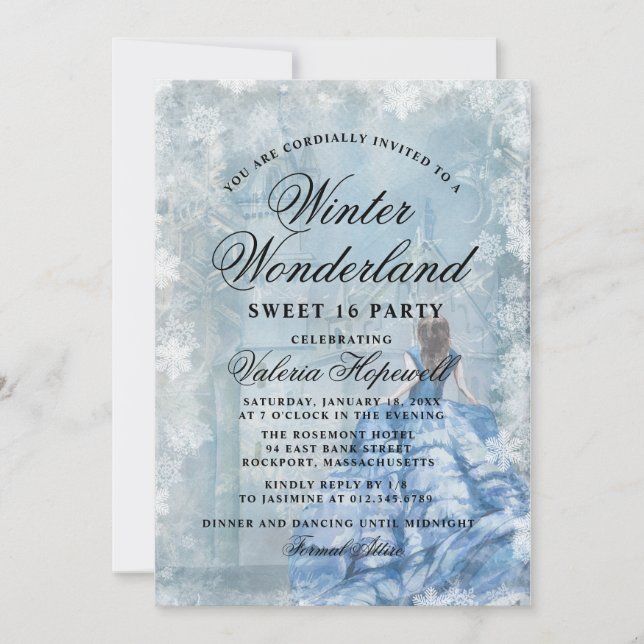 Invitation Sweet sixteen Blue Winter Wonderland Princesse (Devant)