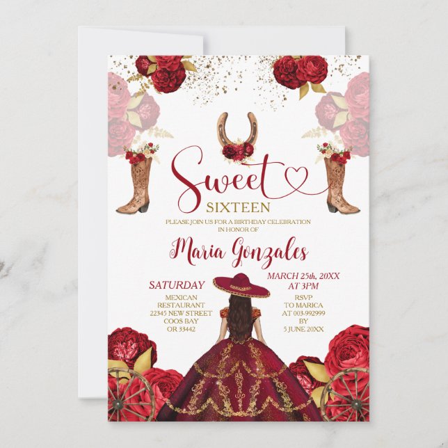 Invitation Sweet sixteen Bourgogne & Fleur rouge fête d'anniv (Devant)