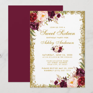 Invitation Sweet sixteen Bourgogne Floral Parties scintillant
