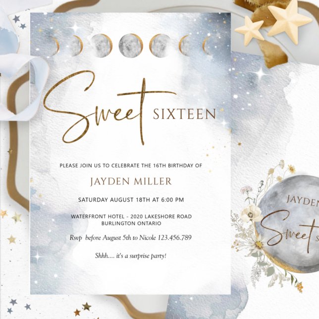 Invitation Sweet sixteen céleste argenté et or élégant (Créateur téléchargé)