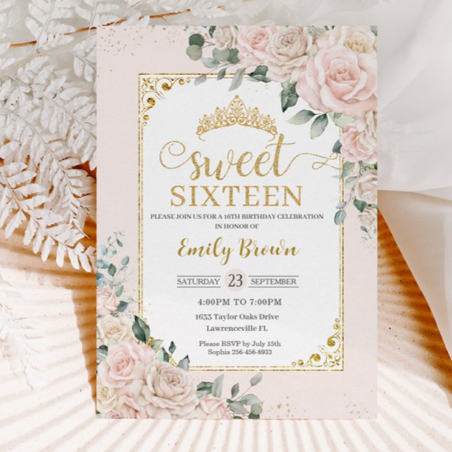 Invitation Sweet sixteen Champagne Blush ivoire Or Floral (Créateur téléchargé)