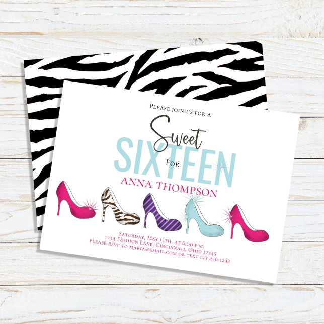 Invitation Sweet sixteen Chic coloré fête d'anniversaire (Sweet 16 custom invitation with colorful high heeled shoes)