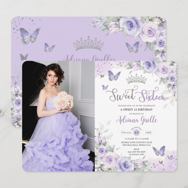 Invitation Sweet sixteen Chic de papillons floraux violets (Devant / Derrière)