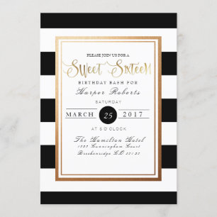 Invitation Sweet sixteen chic et formel   Or et noir