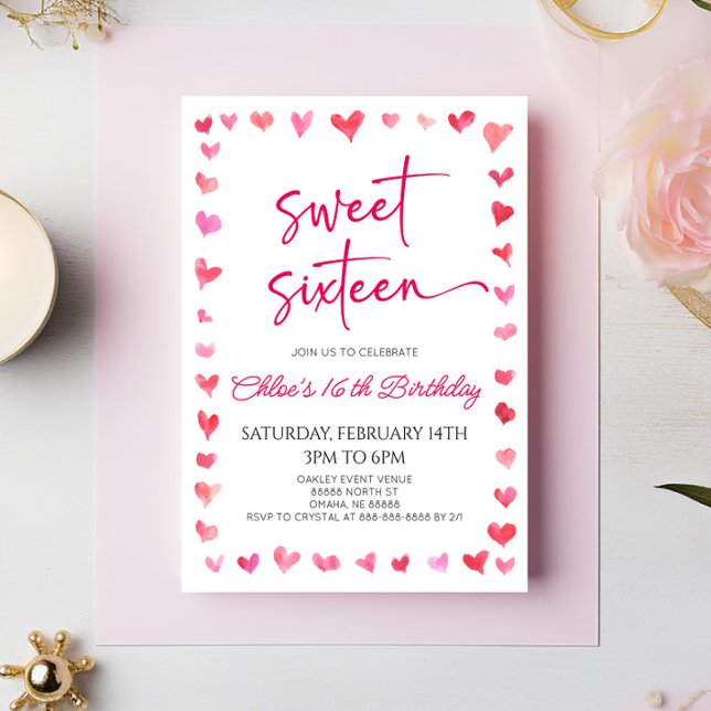 Invitation Sweet sixteen Coeurs rouges roses 16e fête d'anniv (Créateur téléchargé)