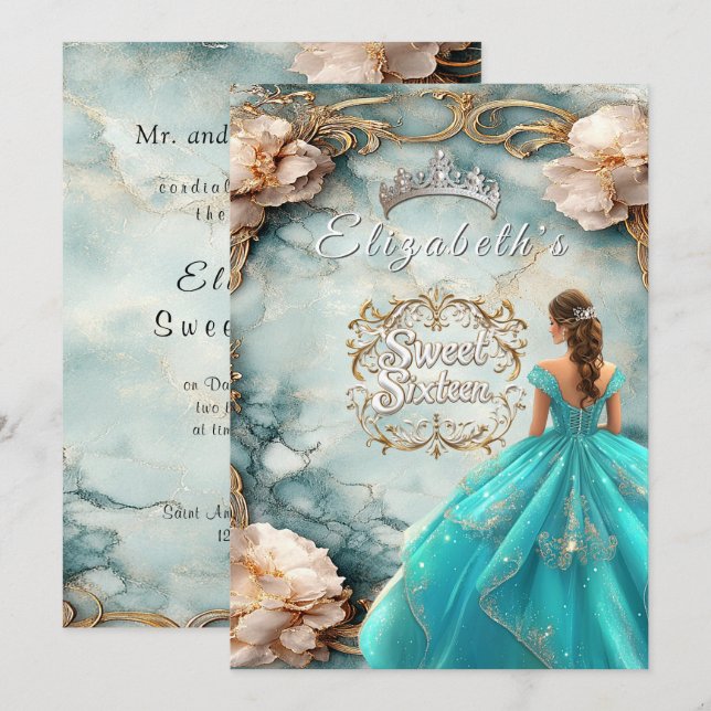 Invitation Sweet sixteen Couronne rose Roses Or Filige (Devant / Derrière)