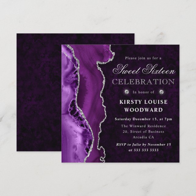 Invitation Sweet sixteen d'agate de Parties scintillant viole (Devant / Derrière)