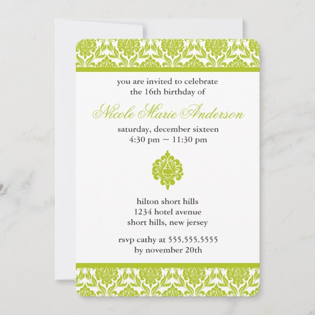 Invitation Sweet sixteen Damas vert Anniversaire (Devant)
