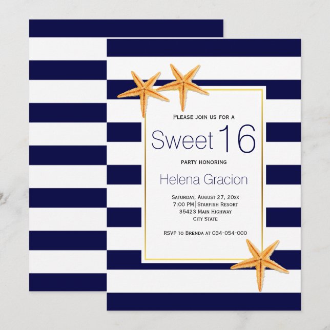 Invitation Sweet sixteen d'anniversaire de la plage de Starfi (Devant / Derrière)