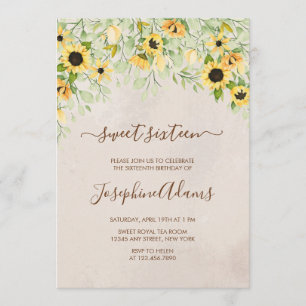 Invitation Sweet sixteen d'aquarelle de tournesol jaune rusti