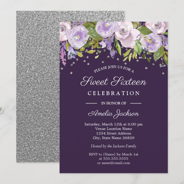 Invitation Sweet sixteen d'aquarelle florale d'argent pourpre (Devant / Derrière)