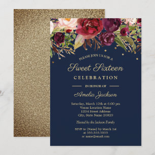 Invitation Sweet sixteen d'aquarelle florale de la marine bor