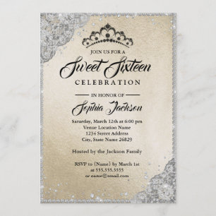 Invitation Sweet sixteen d'argent d'or en dentelle diamant